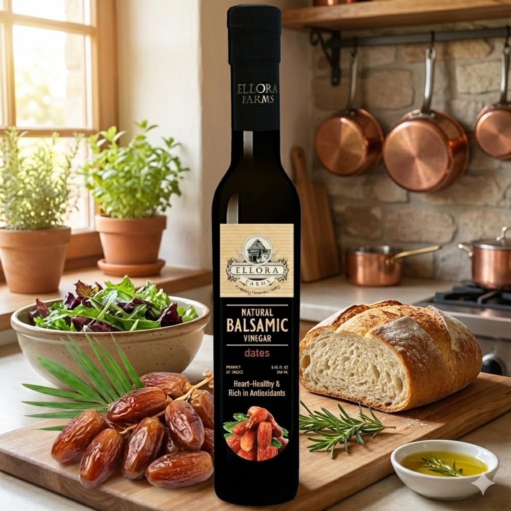 Ellora Farms, Balsamic Vinegar Dates Infused, Thick and creamy, Barrel aged, No-added sugar, Award Winning, Glass bottle, 8.45 oz., (Dates)