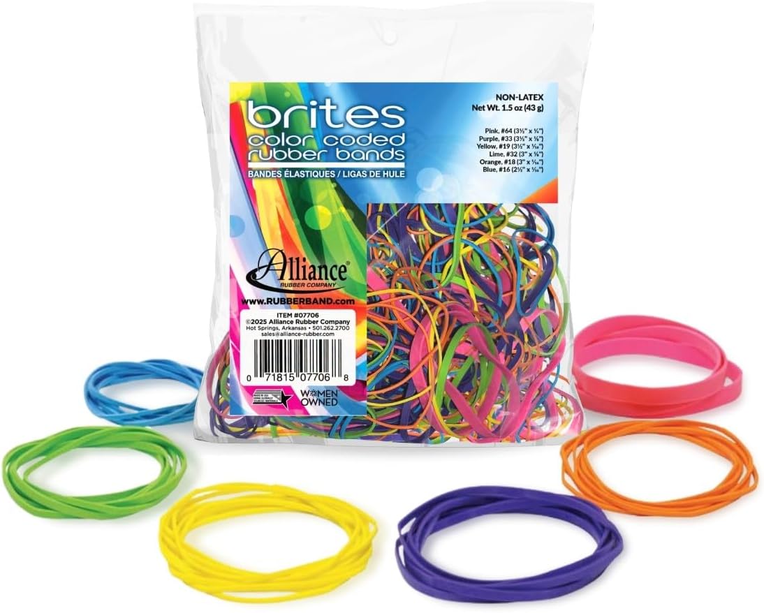 Rubber Company Inc. 07706 Non-Latex Brites File Bands, Colored Elastic Bands, 1.5 oz Pic Pac Dispenser (Assorted Bright Colors and Sizes)