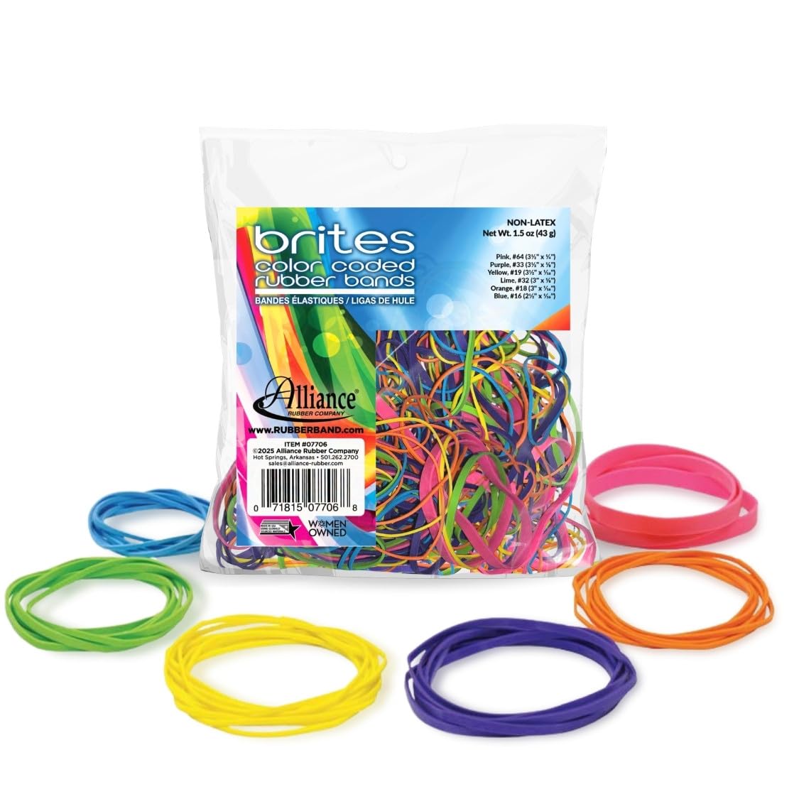 Alliance Rubber 07706 Non-Latex Brites File Bands, Colored Elastic Bands, 1.5 oz Pic Pac Dispenser (Assorted Bright Colors and Sizes)