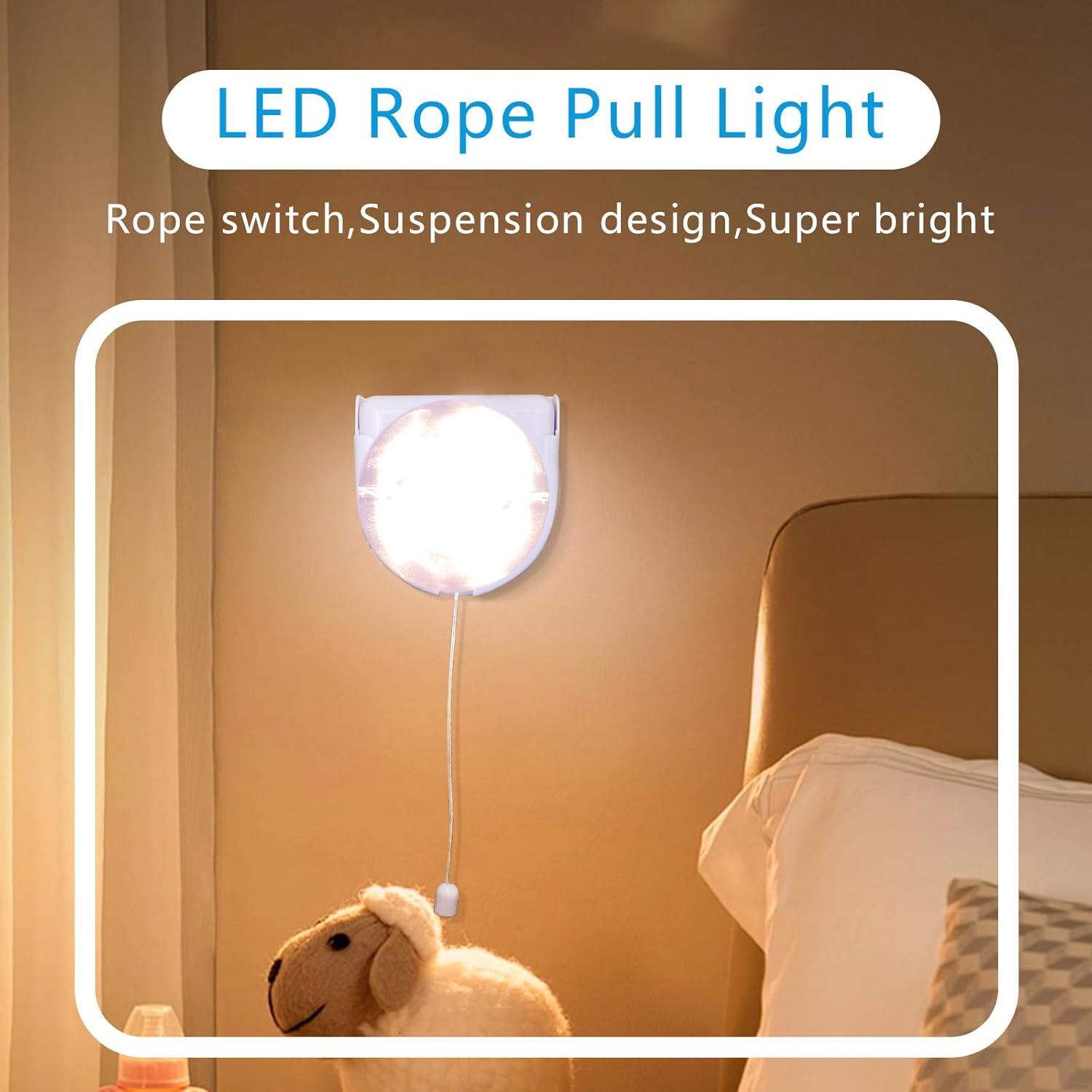 4 Pack Battery Operated Light Bulb, Stick-Up Battery Powered Wireless LED Closet Light Bulb, Self Adhesive Wall Light Fixture with Pull Chain for Cabinet Bedroom Kitchen, 3000K Warm White