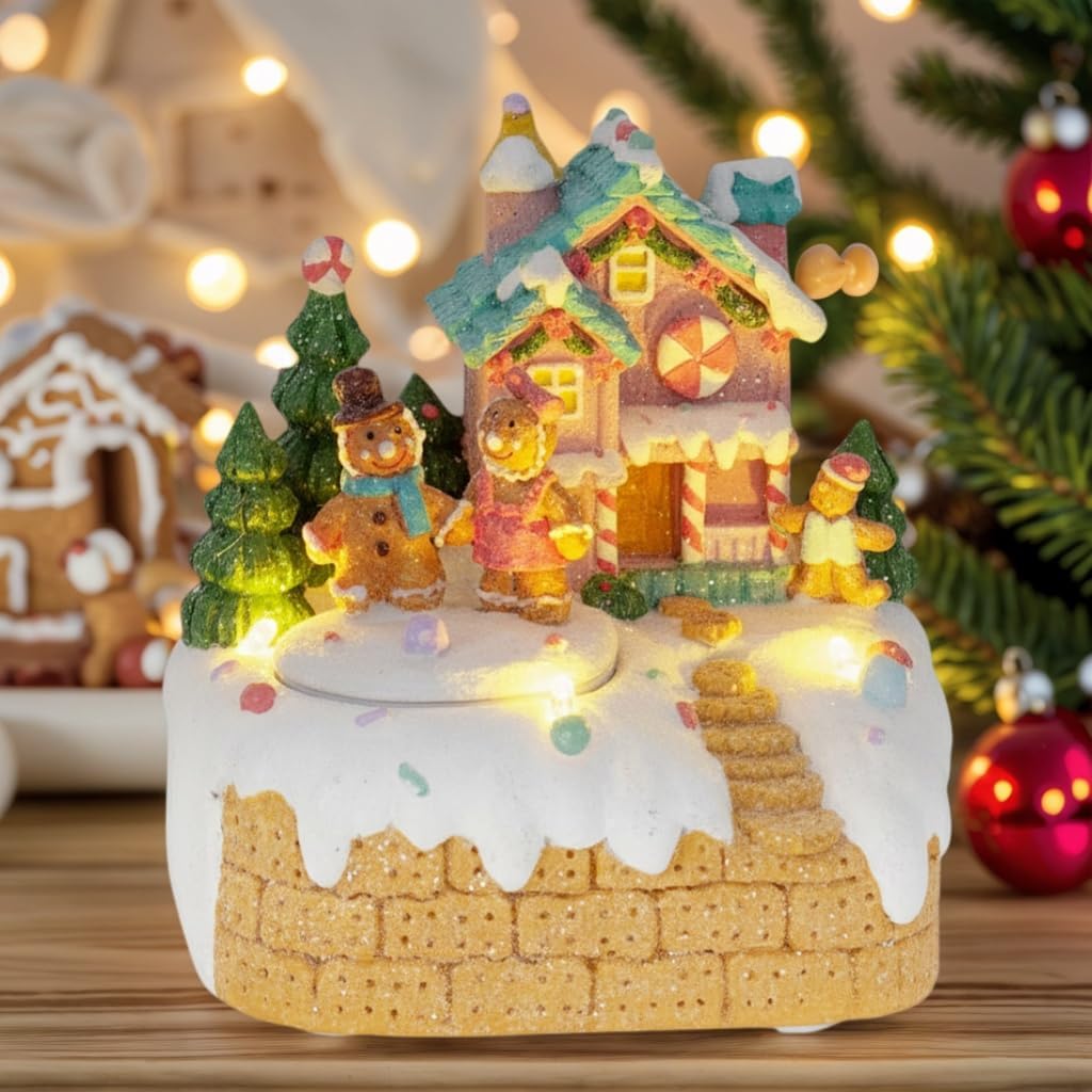 innodept12 Animated Gingerbread House Christmas Decoration – Pre-Lit Musical Resin Village Figurine with Rotating Gingerbread Characters and LED Lights for Indoor Holiday Tabletop Display