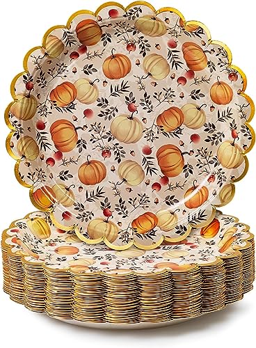 Confettiville Thanksgiving Paper Plates 50-Count Fall-Themed Decorative Disposable Serving Plates Cream Gold Foil Scalloped Edge 9 Inches