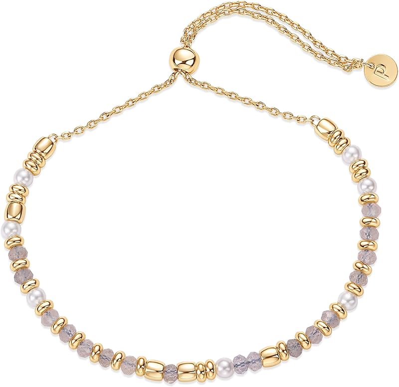 14K Gold Plated Gemstone Beaded Bracelets for Women, Bracelet Stack
