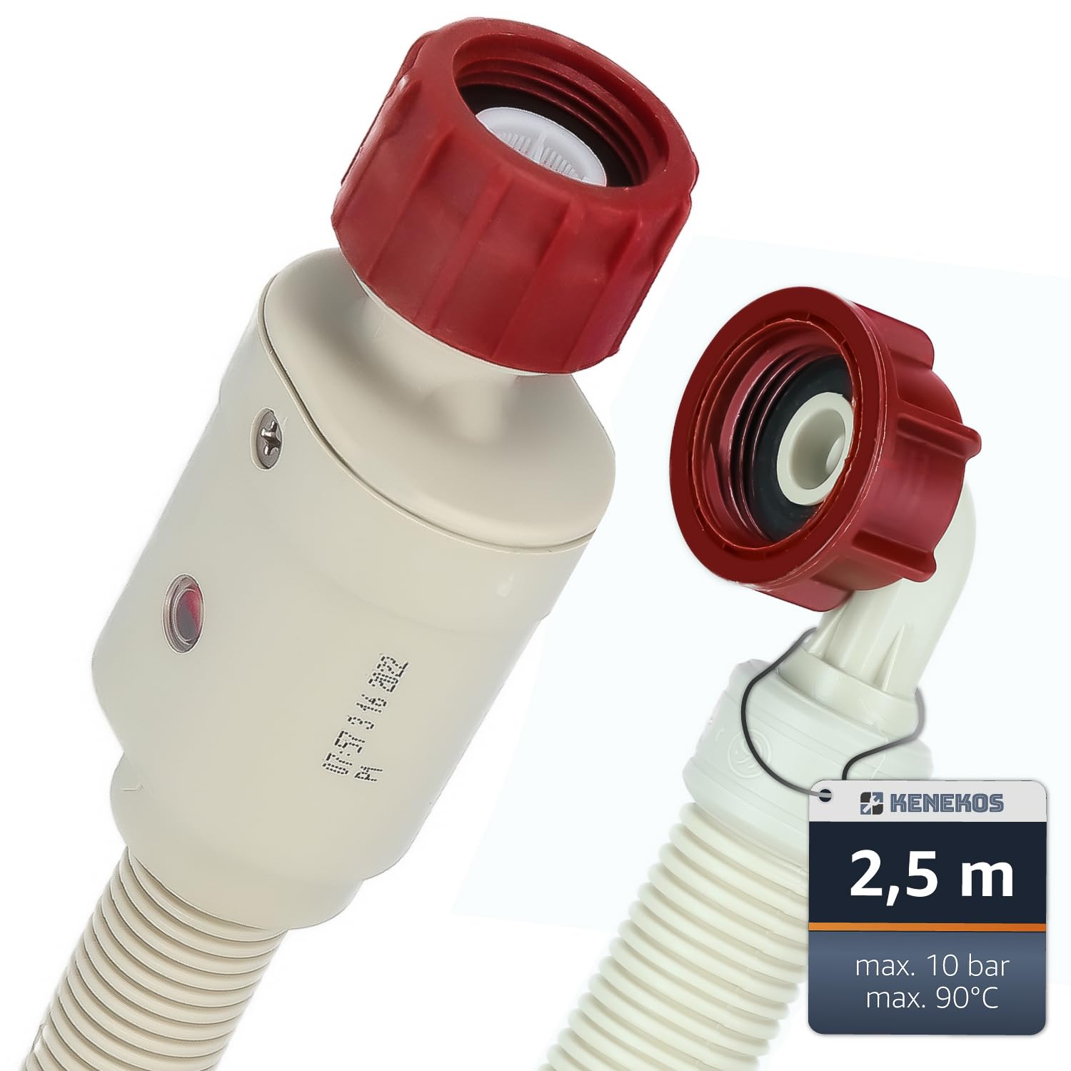 Kenekos - 1,5-3m Aquastop Schlauch 3/4 Zoll Anschluss (Standard) für Waschmaschine & Geschirrspüler, mit Sicherheitsventil, Schmutzsieb, max. 90°C – Sicherheitszulaufschlauch gegen Wasserschäden 2,5m