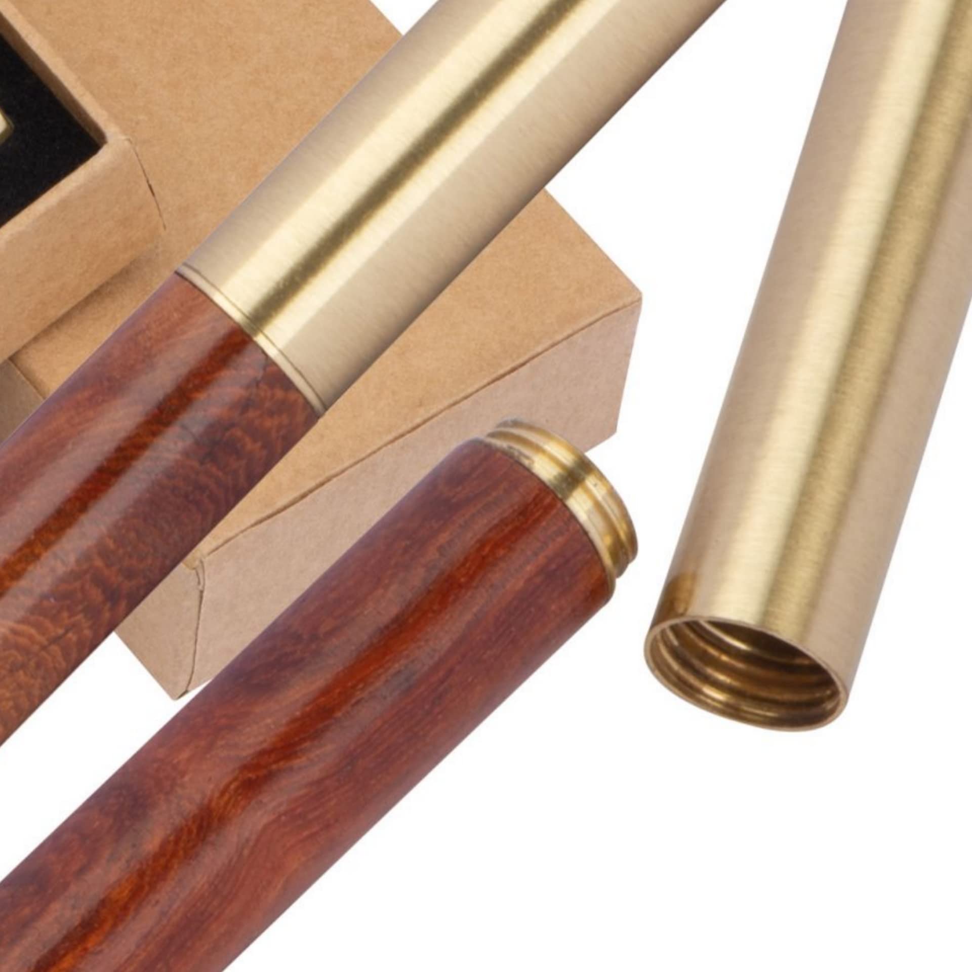 Extraordinario juego de escritura en versión mini para atornillar con bolígrafo y pluma estilográfica de latón y madera en caja de regalo