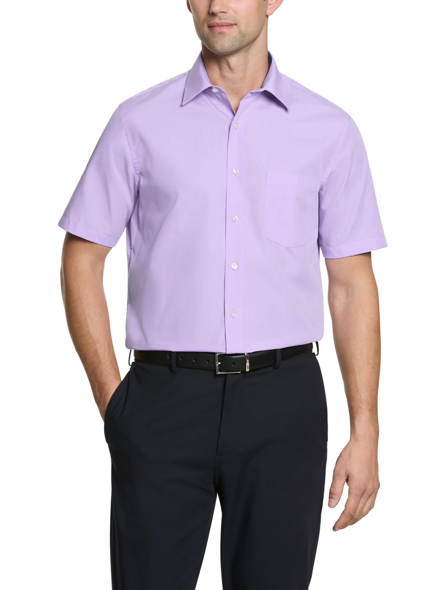 Van Heusen Men's Short Sleeve Poplin Solid Dress Shirt, Lavender, 15.5" Neck