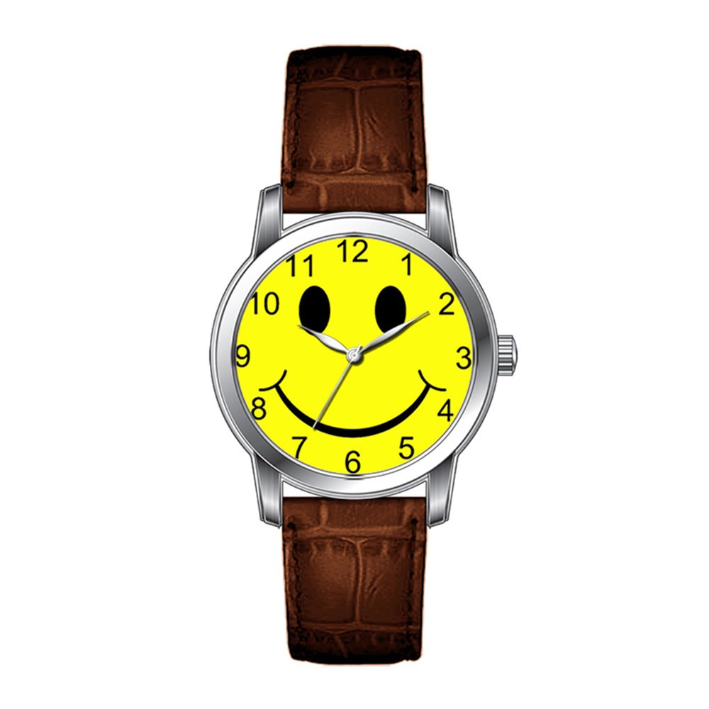 JLS Creative Watches Men's Vintage Design Leather Brown Band Wrist Watch Happy Yellow Smiley Face Graphic Watches