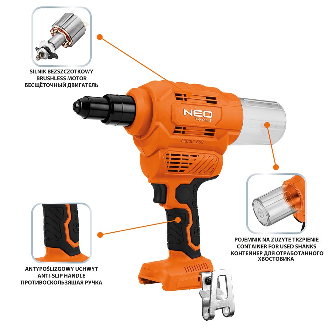 NEO TOOLS Nitownica akumulatorowa 12000 N – nitownica do nitów 2,4-6,4 – elektryczny pistolet do nitowania z aluminium (bez akumulatora) – kompatybilny z akumulatorem z serii Energy+
