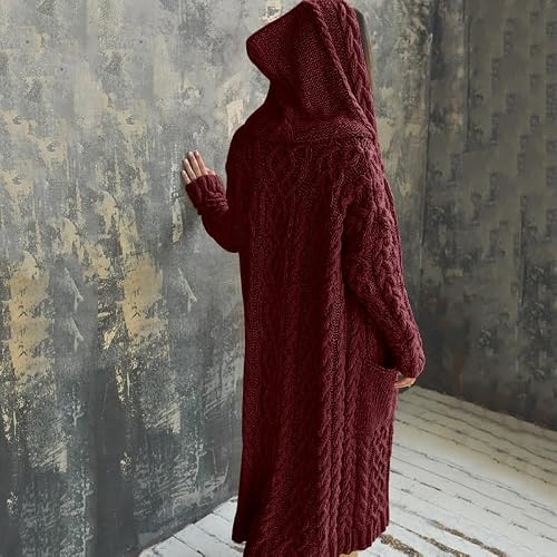 NIUBIA Womens Casual Long Sleeve Open Cardigan Warm Hooded Outwear Coat Cable Knit Long Cardigan Sweaters with Pockets Red — view 4
