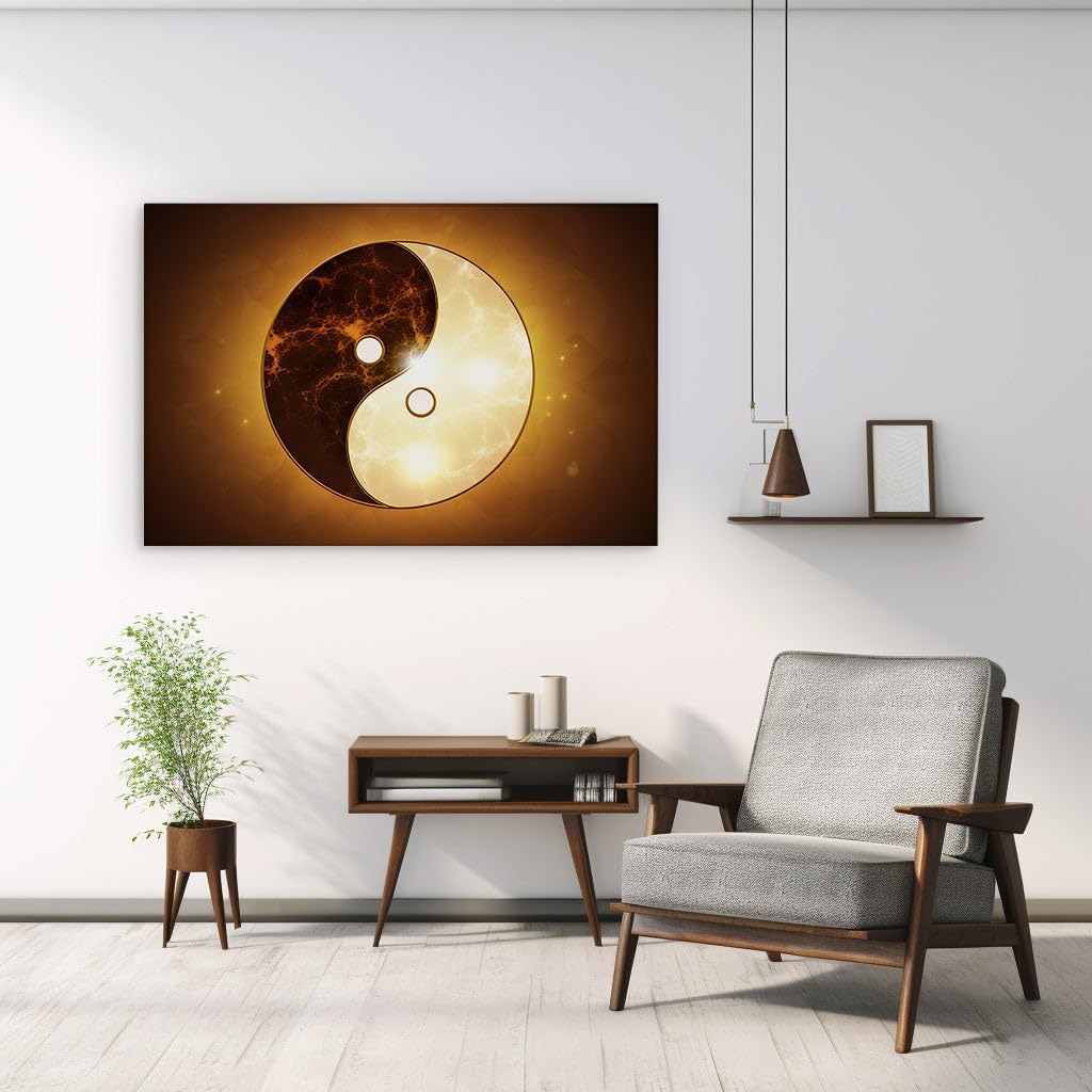 Canvas for Living room. Harmony Envisioned: Yin and Yang Amidst a Golden Cosmos, 27 x 18 inch Canvas Wall Art - Contemporary Masterpieces - Modern Home Decor