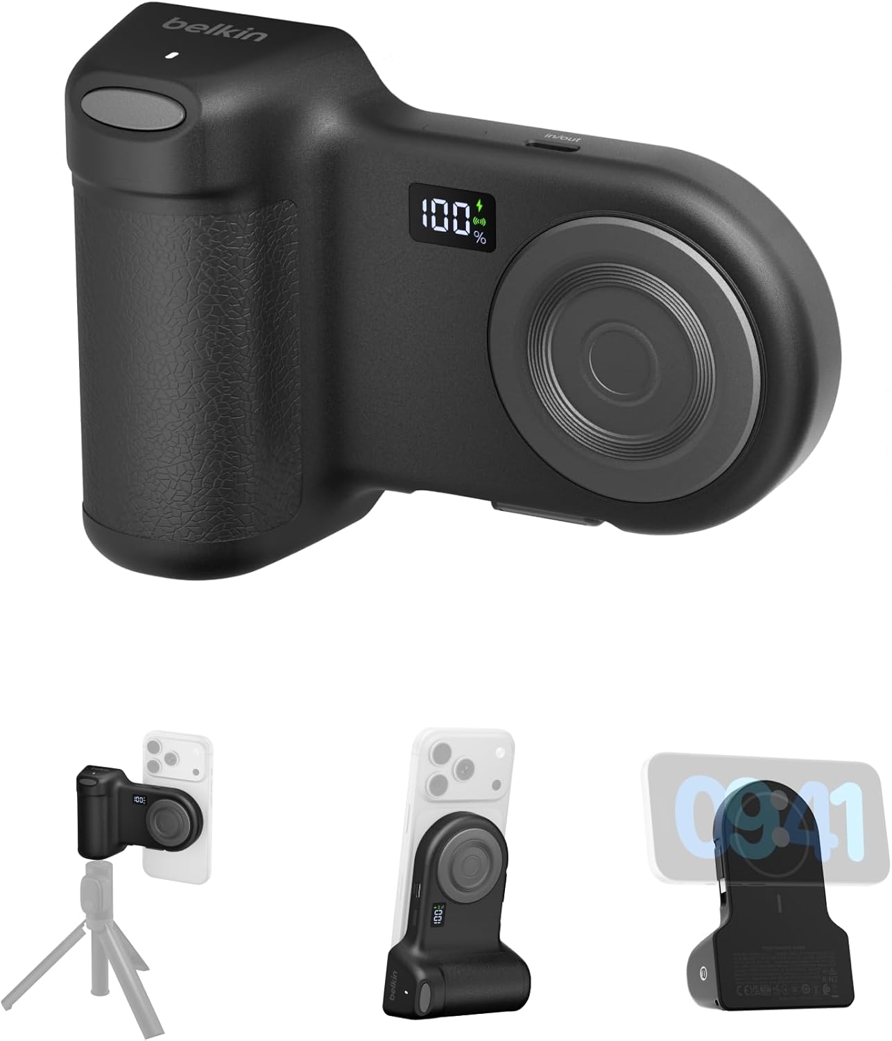 Belkin Stage Powergrip, Magnetic Wireless Charging Camera Grip 9300mAh, Power Bank w/Retractable USB C Cable, Bluetooth, Tripod Attachment, LCD Screen, Portable Charger for iPhone, Google Pixel, etc.