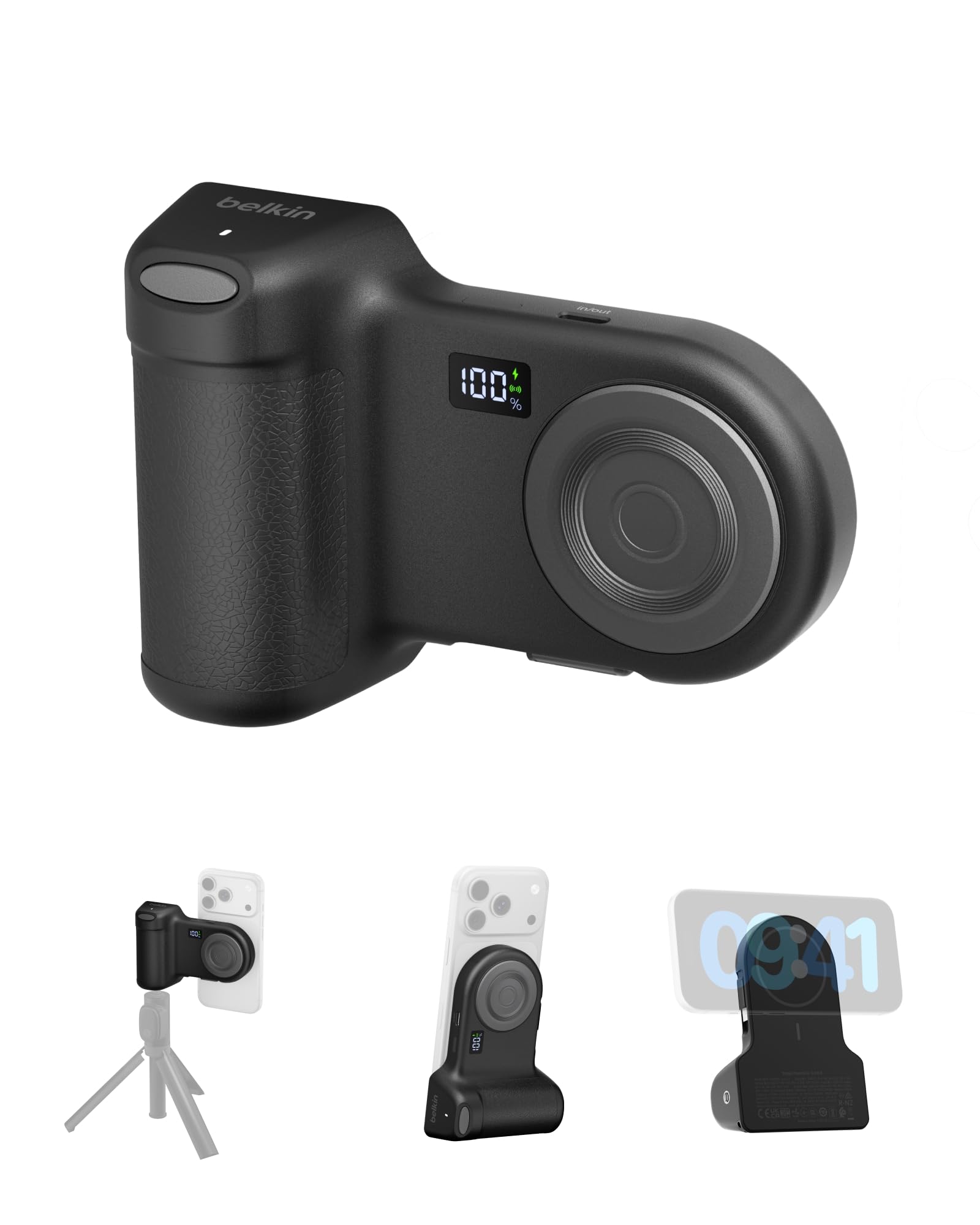 Belkin Stage Powergrip, Magnetic Wireless Charging Camera Grip 9300mAh, Power Bank w/Retractable USB C Cable, Bluetooth, Tripod Attachment, LCD Screen, Portable Charger for iPhone, Google Pixel, etc.