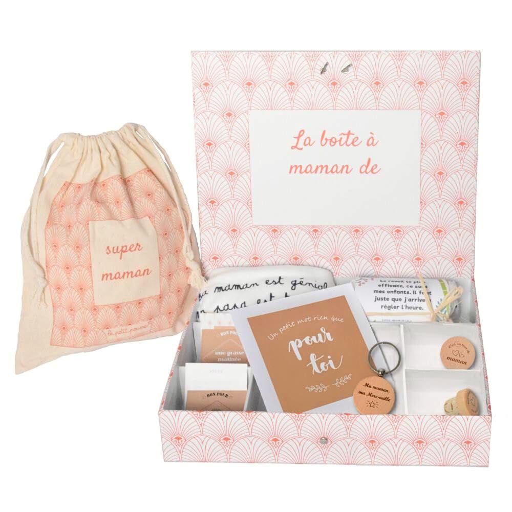 Scatola per la mamma con regali morbidi e divertenti per futura e giovane mamma: sacchetto, portachiavi, tappo, token decisionale, bavaglino, pannolino, 6 buoni per carta, carta.
