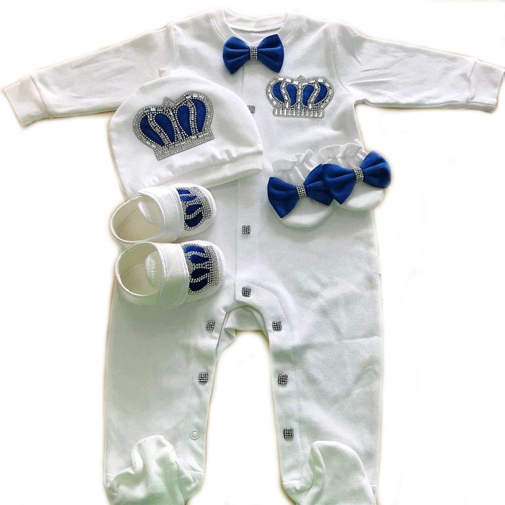 Juego de 4 piezas de pelele con patucos, guantes y gorro para bebé, con cristales brillantes, turquesa, 0- 3 meses