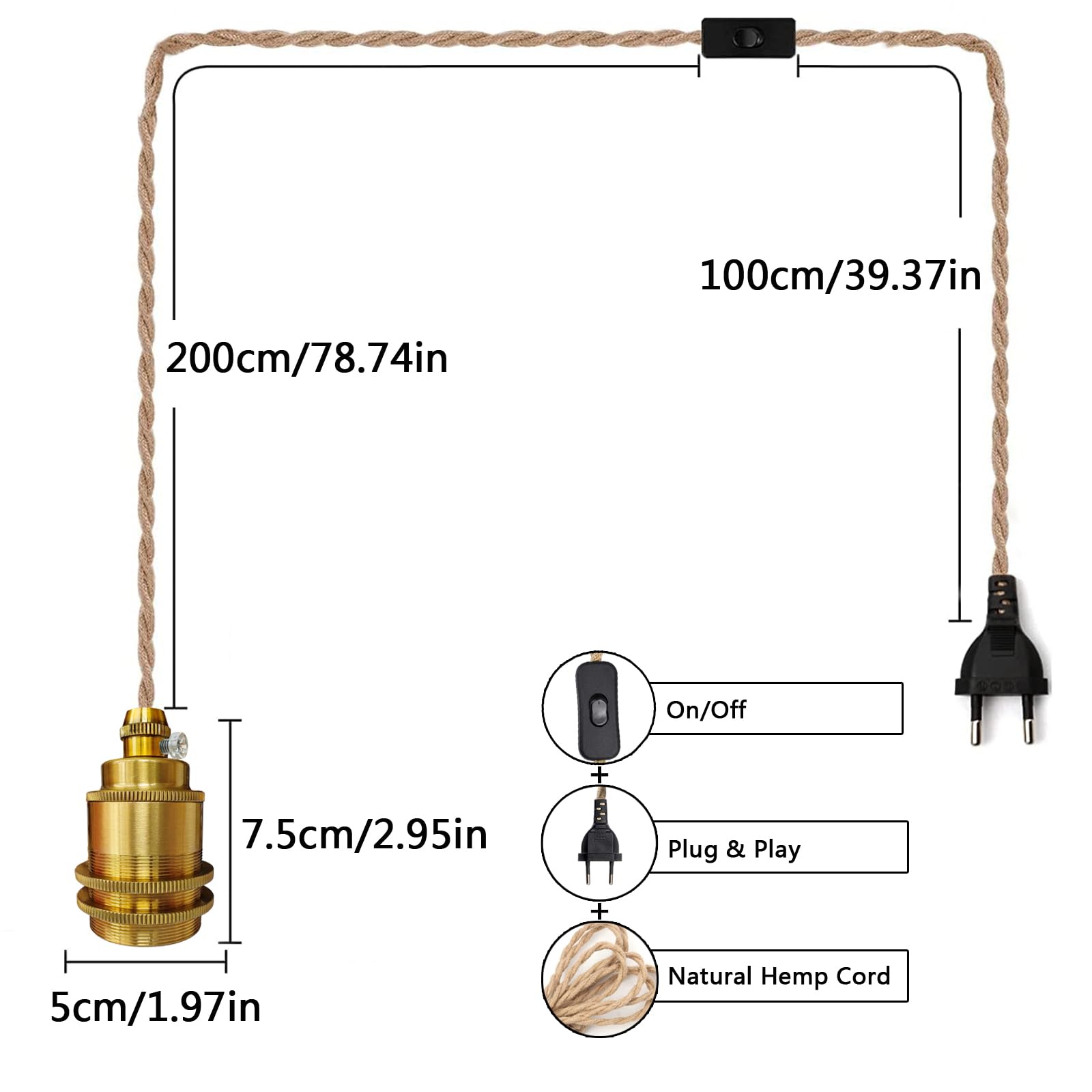 E27 Vintage Lampenkabel HäNgende Leuchte, Seil HäNgelampe, Lampenfassung Pendelleuchte mit Schalter und Stecker, Hanfseil Pendellampe Kit, DIY Einzelkopf Kabel Seil HäNgeleuchte, für Loft Lager (B-3M)