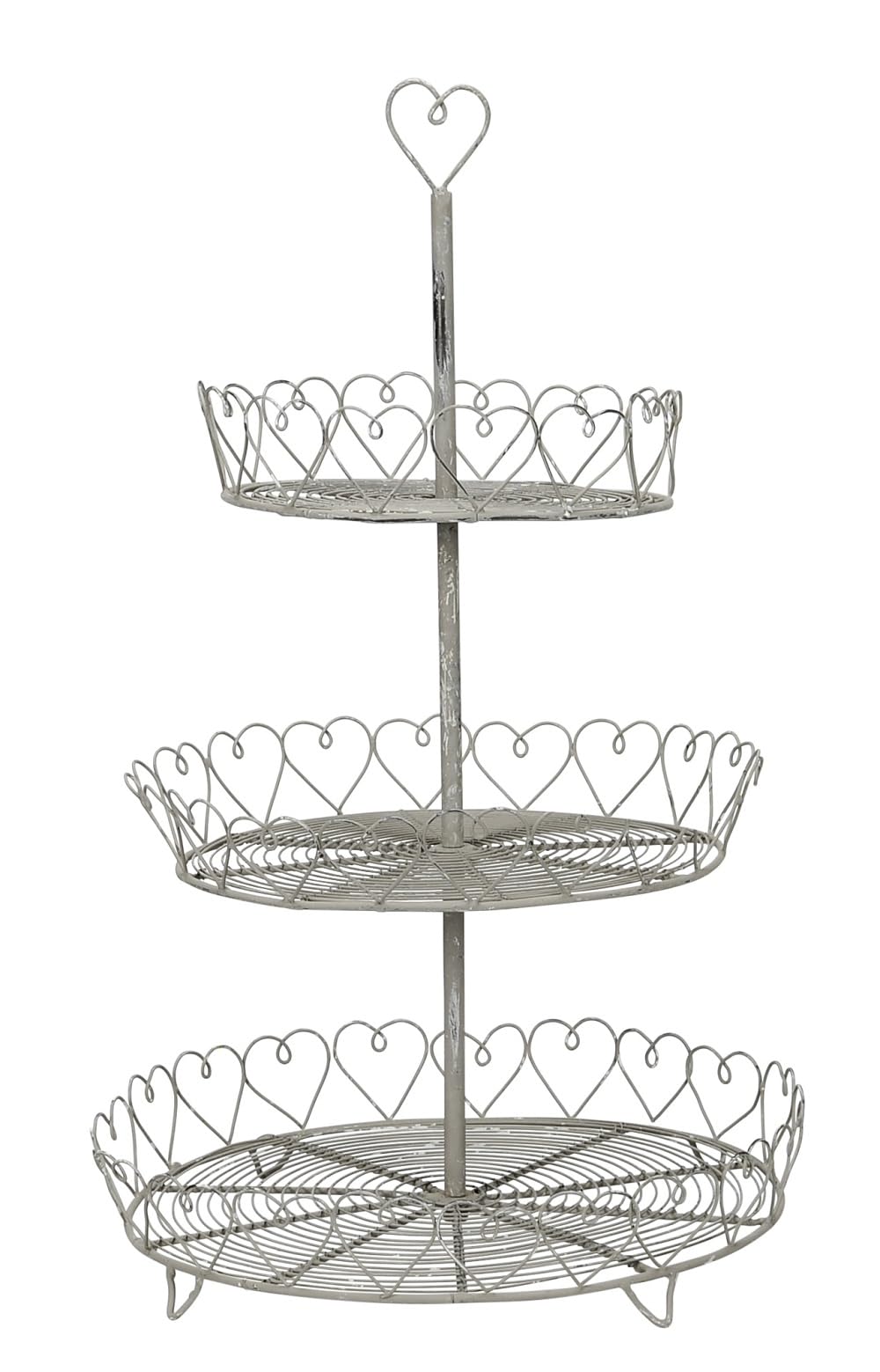 ETC dekorative nostalgische Deko Etagere Korbetagere 3-stöckig rund mit Herzmotiv aus Metalldraht shabby hellgrau in vintage Optik