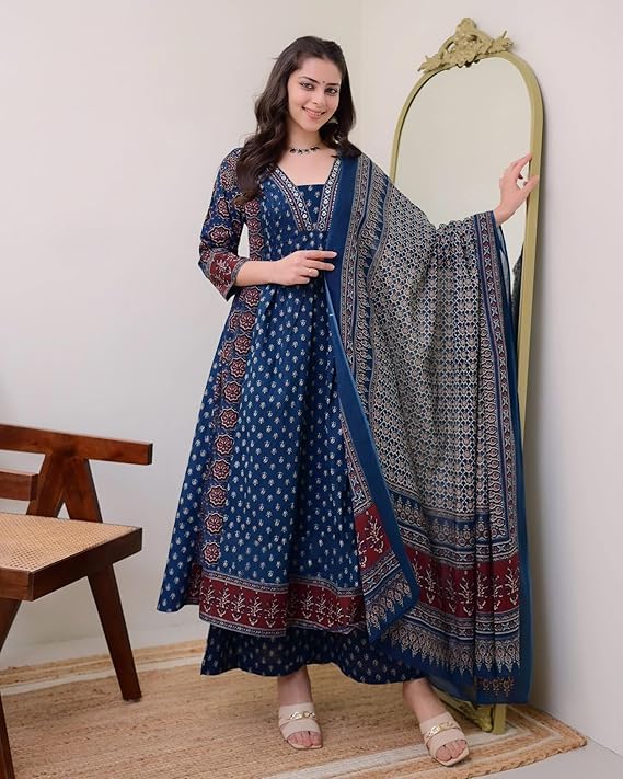 Image of ANNI Designer Women's Pure Cotton Anarkali Kurta Set for Women with Dupatta & Plazzo - Hand Block Print Suit Set | Stylish Dress | Cotton Kurta Set for Women