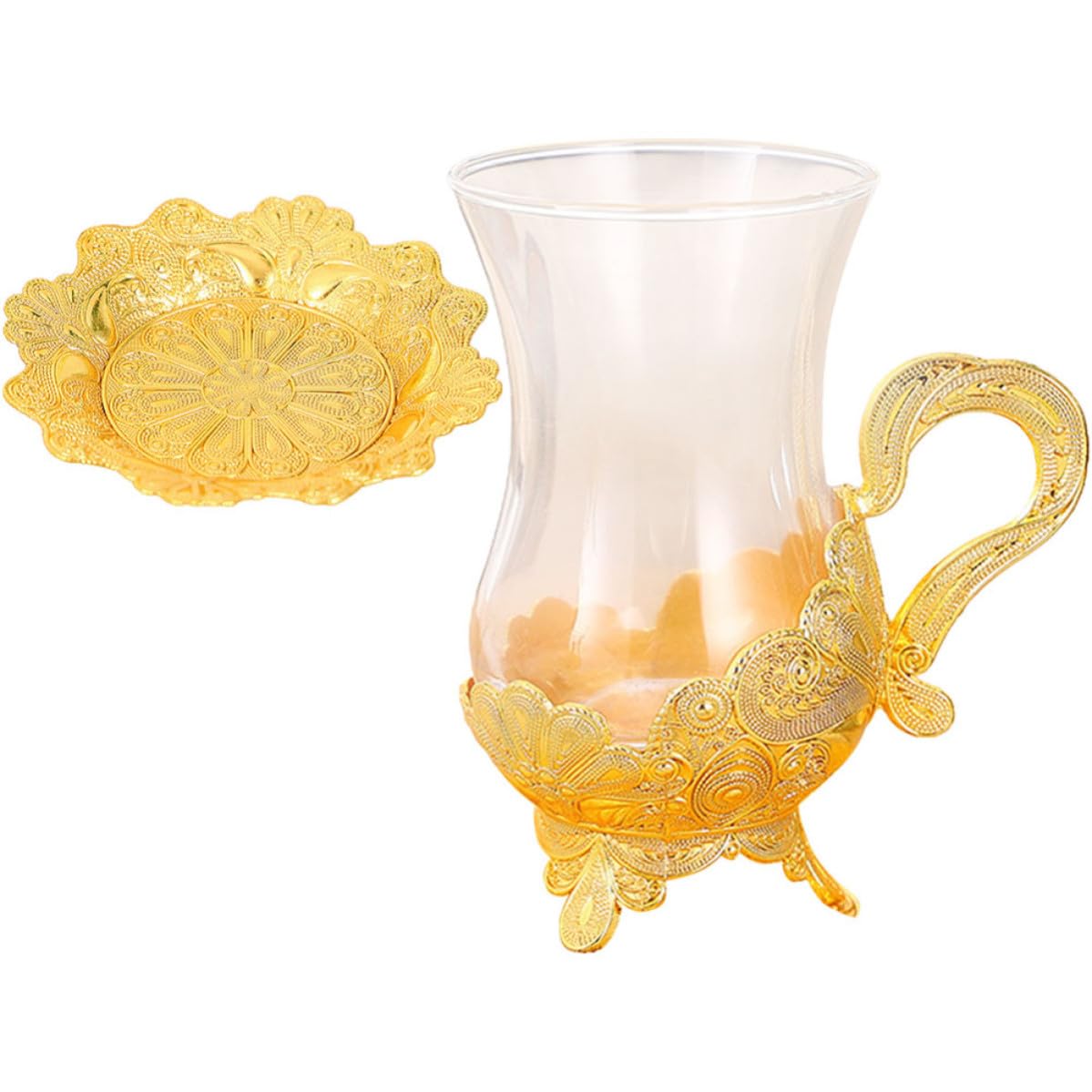 Tazas de café decorativas con diseño vintage de aleación fuerte y detalles en vidrio dorado