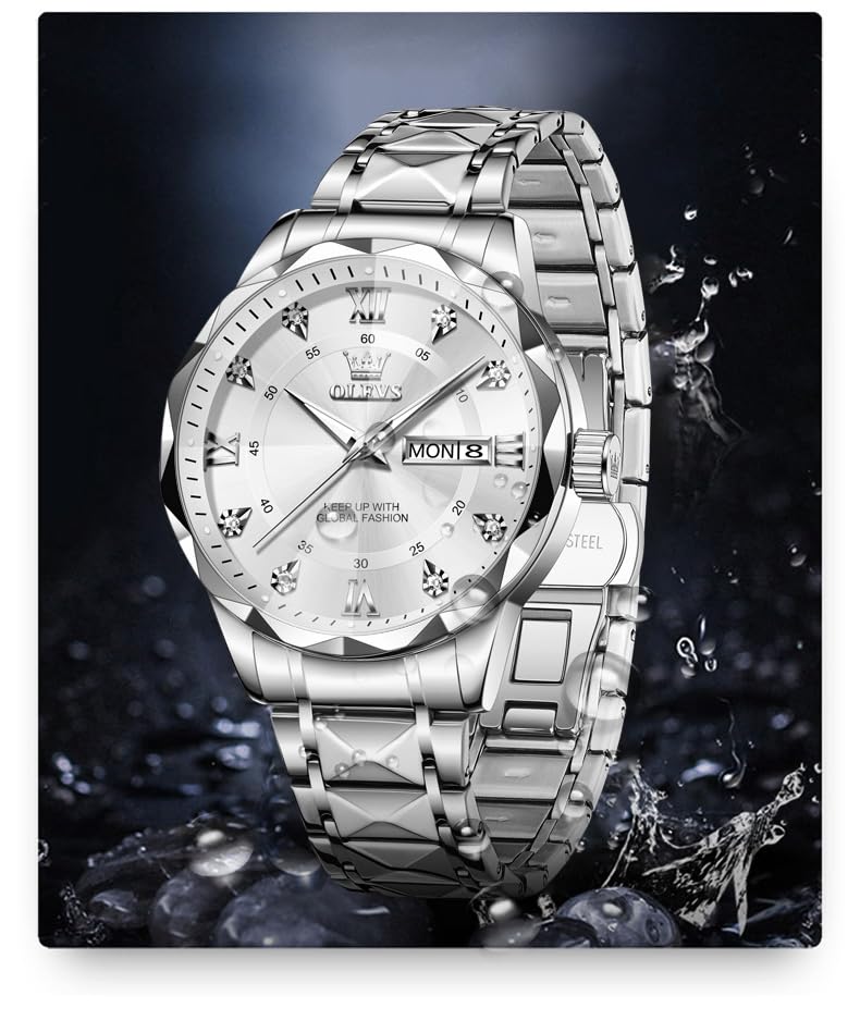 Image of OLEVS Watches for Men Luxury Diamond Casual Large Dial Watches Stainless Steel Waterproof Business Dress Analog Luminous Date Mens Watches