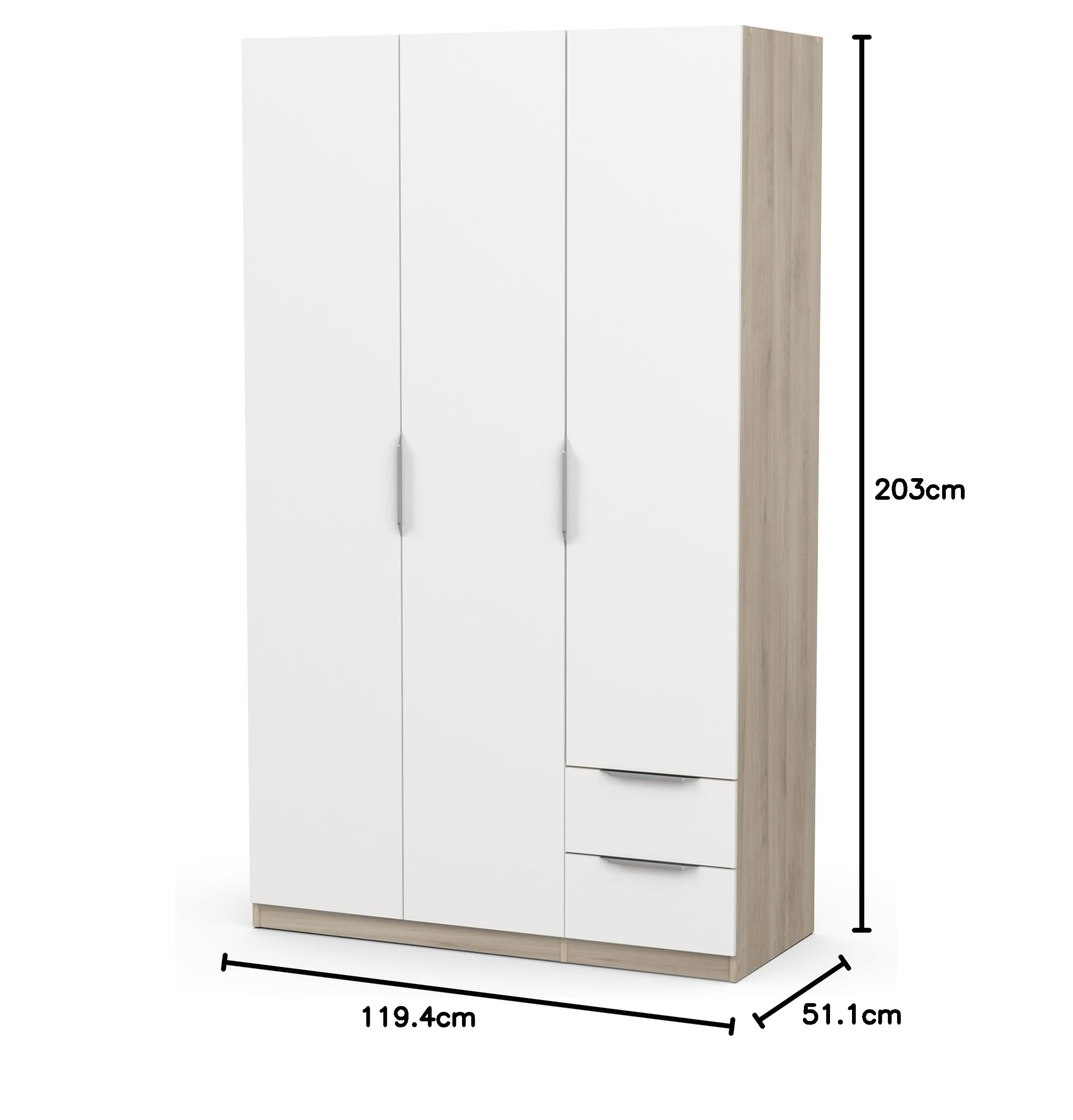 Armoire Dressing avec Penderie Moderne 3 Portes 2 Tiroirs 4 Niches – Coloris Chêne Kronberg & Blanc Mat - 119,4 x 51,1 x 203 cm