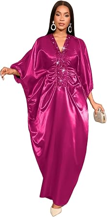 AOMEI Womens Shiny V Neck Patchwork Sequin Batwing Sleeve Bubu Maxi Dress African Robes One Size