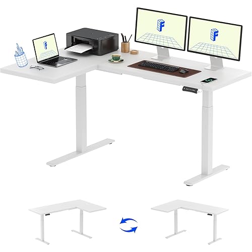 FLEXISPOT Corner Desk Dual Motor L Shaped Computer Electric Standing Sit Stand Up Desk Height Adjustable Home Office Table with Splice Board, 71x48 White