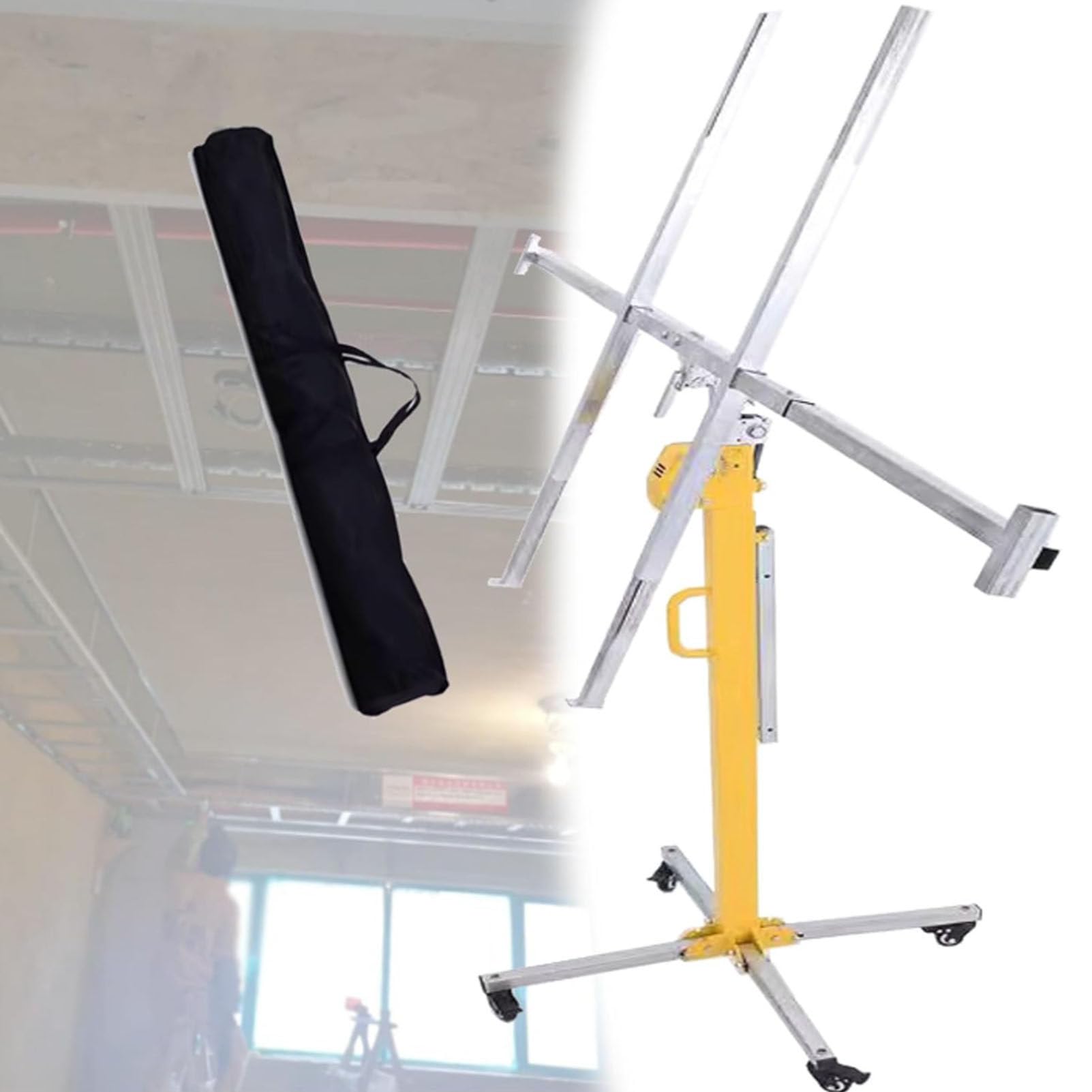 Sollevatore per cartongesso per soffitto, sollevatore per cartongesso con altezza regolabile e ruote di rotolamento, strumento di costruzione in acciaio per sollevamento pannelli