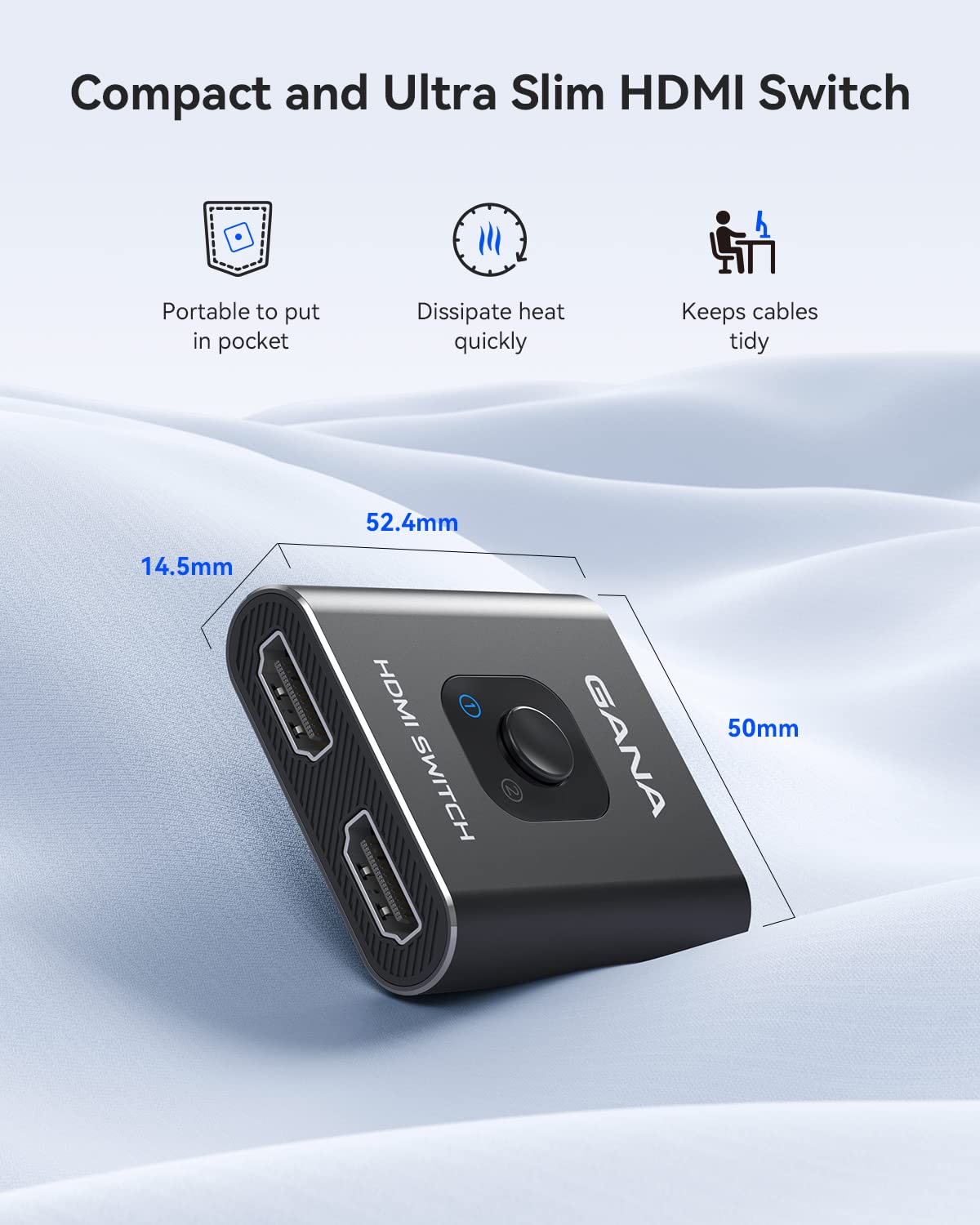 Rozdzielacz GANA HDMI 4K 60Hz Switch 2 w 1 Out, Przełącznik 1 w 2 Out z Kablem 1 m, Aluminiowa Obudowa, HDCP2.2 UHD 3D do PS5/4, Xbox, Blu-Ray DVD, Fire TV Stick, Chromecast, Monitorów