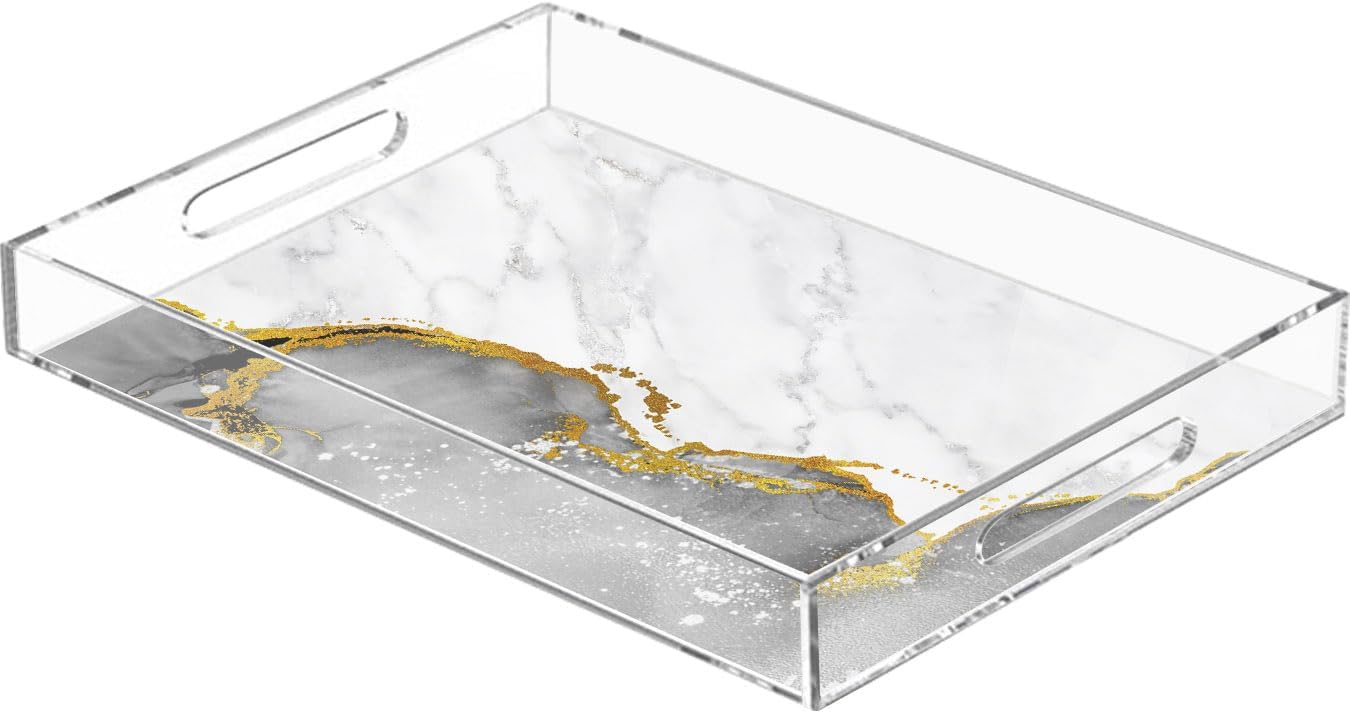 Acrylic Serving Tray with Handles Black Marble Clear Serving Platters for Food Party White Modern Abstract Art Luxury Decorative Tray for Coffee Table Countertop Makeup Organizer 11.7"x8"x2"