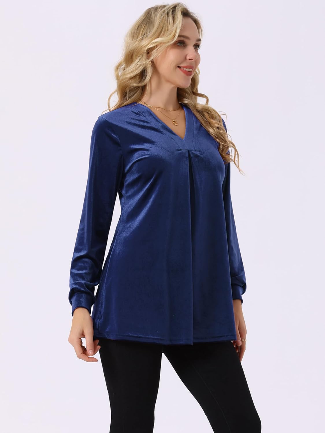 Seta T Women's Velvet Top V Neck Long Sleeves Solid Casual Tunic Blouse Loose T-Shirt - Image 3