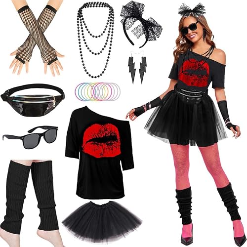 Hamanasu Deguisement Annee 80 90 Accessoires Femme Costume Annee 80 90 Femme Tenue Deguisement Fluo Costume Disco avec T-Shirt, TuTu, Sac, Gants, Bandeau pour Carnaval Halloween Fête Soirée Noir XXL