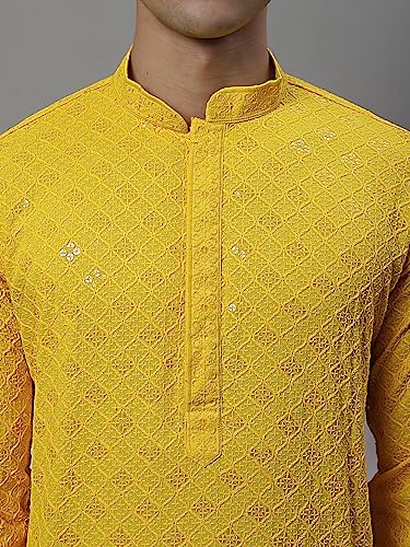 Image of Jompers Yellow Yellow Chikankari Embroidered and Sequence Kurtas. (Yellow, 5XL)