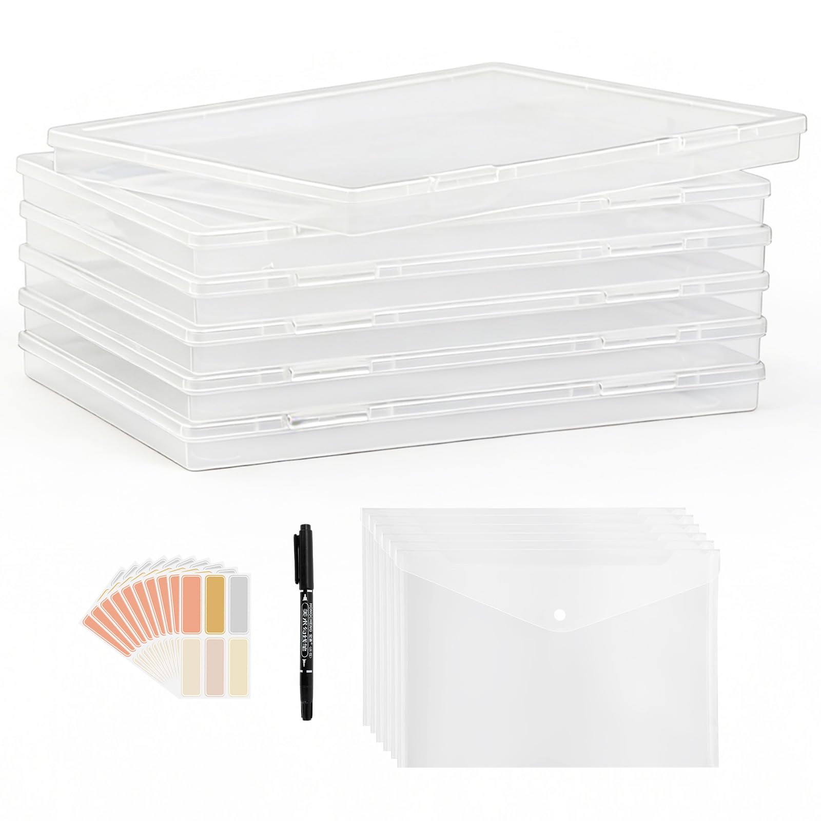 WATUNID 6 Pcs Portable A4 File Box, Clear Plastic Storage Box with 6Pcs A4 Plastic Wallets +10 Pcs Label + 1 Pcs Marker, Waterproof Document Box for School, Travel, Office Supplies, Photos, Magazine