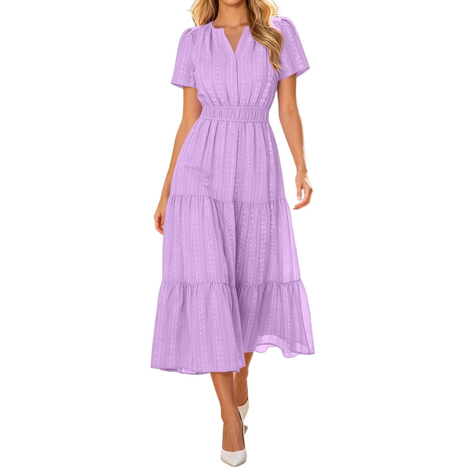 Robe d'été Unie à Manches Courtes, col élégant et Poches, Style décontracté