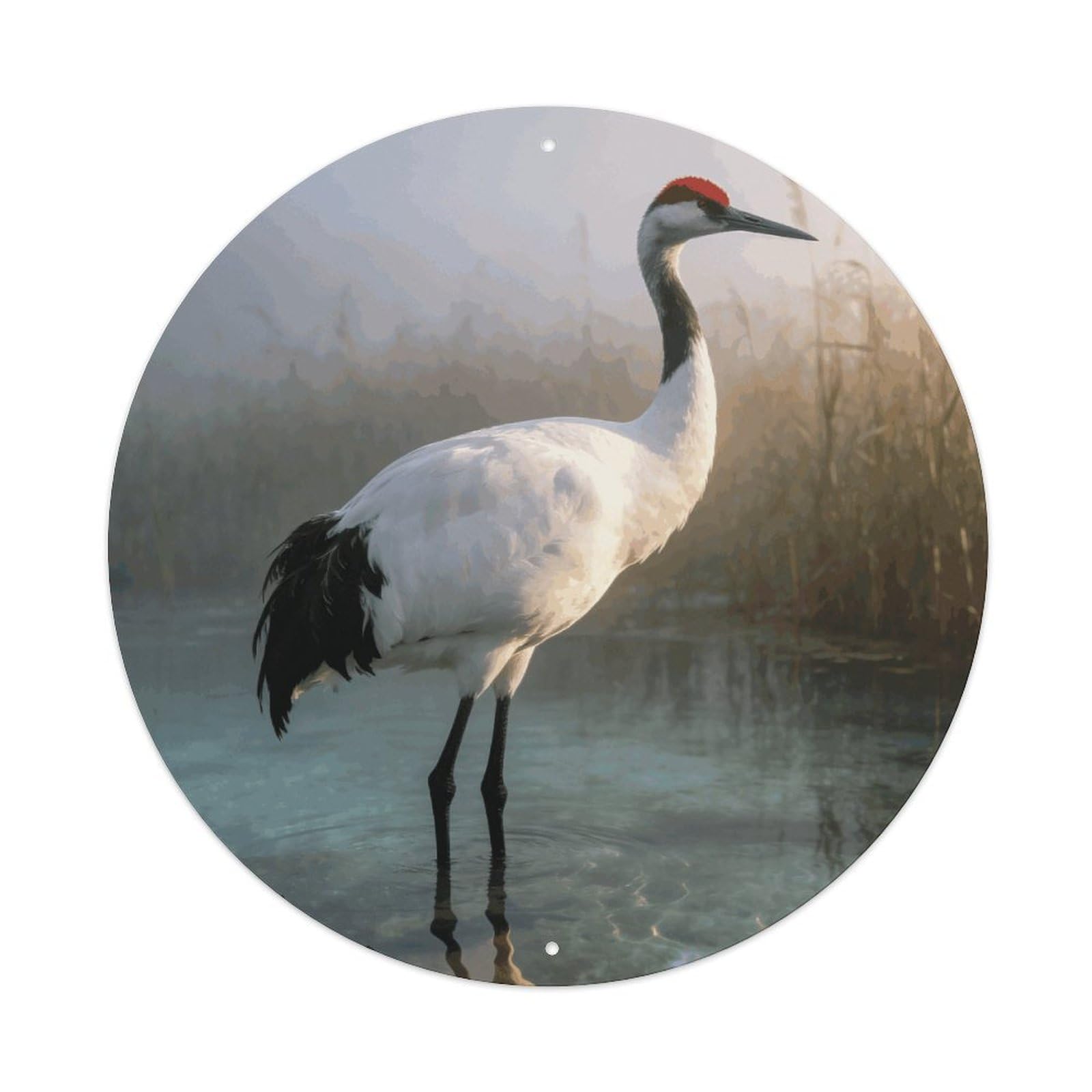 LZQPOEAS Majestic Crane Round Aluminum Wall Art Sign, Metal Indoor Wall Decor with Holes, Durable Circular Aluminum Plaque for Home, Bar, Cafe, Living Room, And Office Decoration