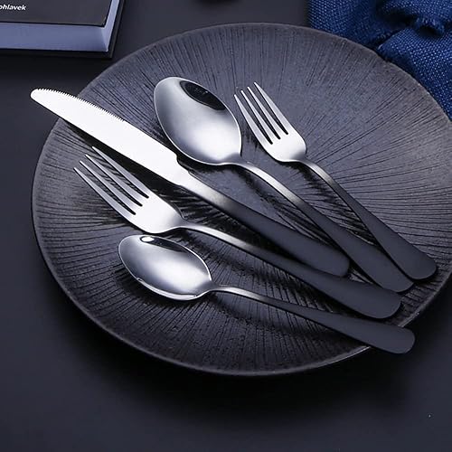 Miniatura 2 de Juego de cubiertos de color negro y plateado degradado, 50 piezas, acero inoxidable para 10 piezas duraderas para el hogar, cocina, restaurante,