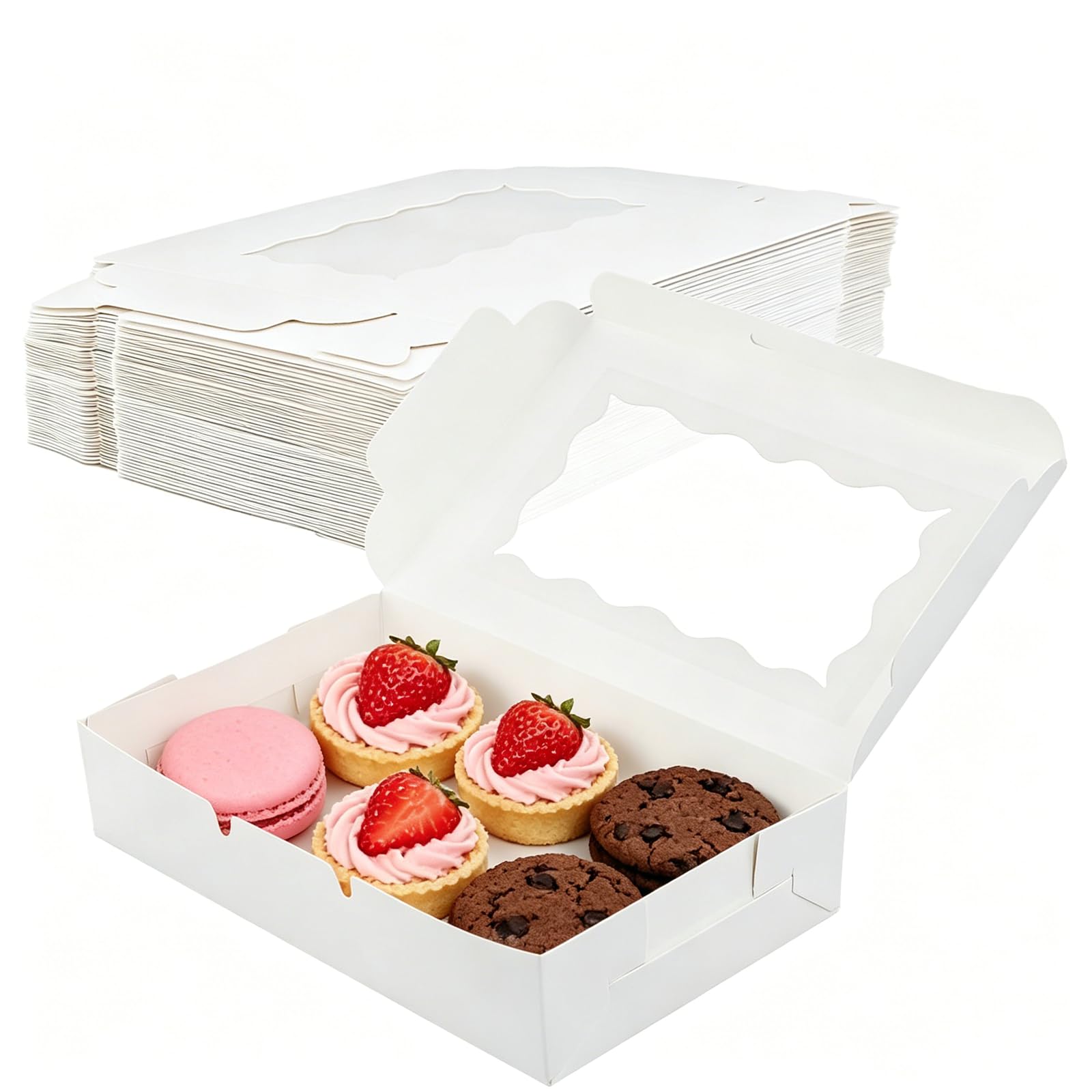 Kohand White 100 Pack Bakery Boxes With Clear Window, 7"×4.3"×1.5" Cookie Display Boxes For Pastry Biscuit Pie Candy Macarons Donuts Strawberry Chocolate