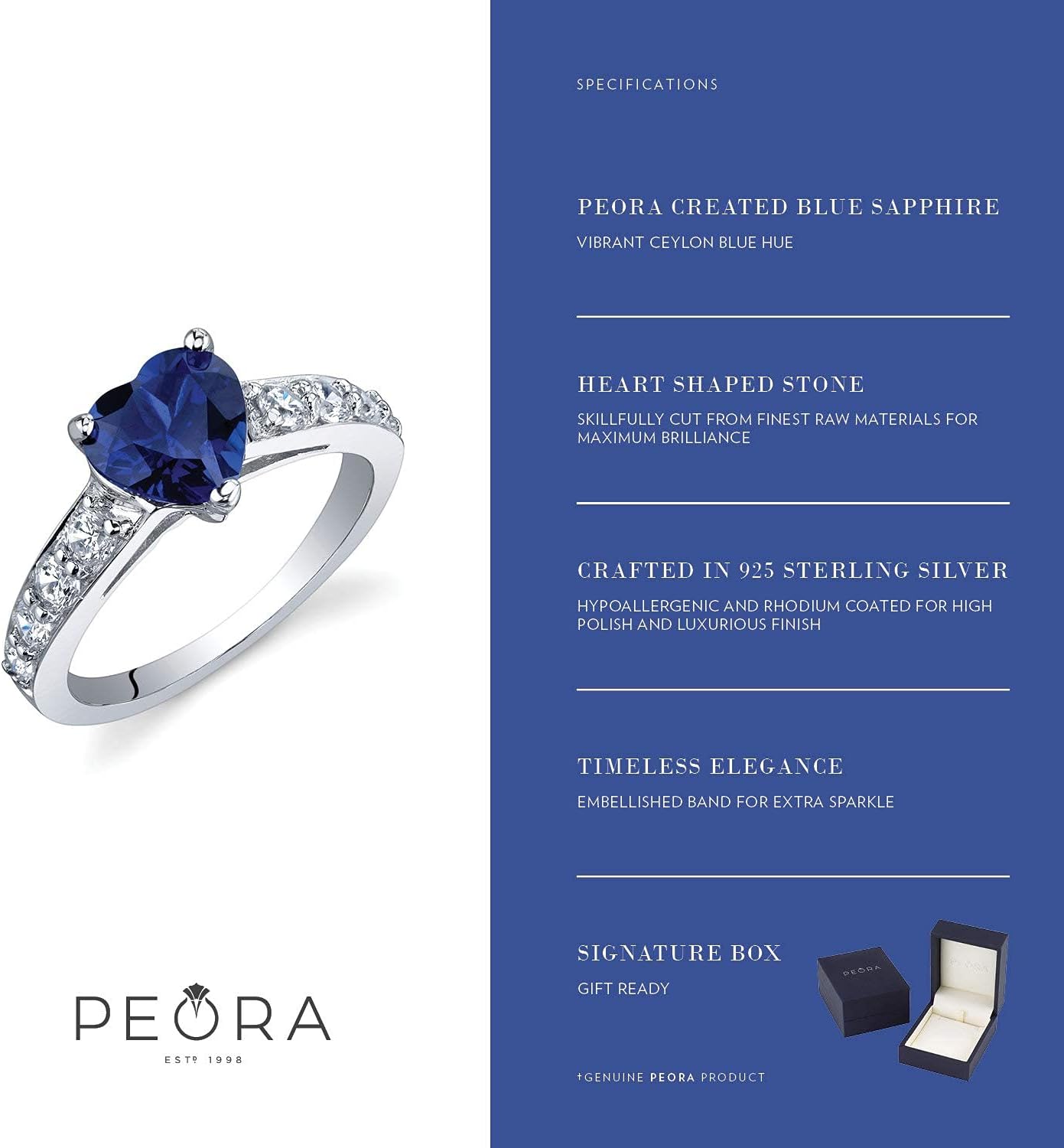 PEORA Created Blue Sapphire Heart Promise Ring for Women 925 Sterling Silver, 1.75 Carats Heart Shape 7mm, Comfort Fit, Sizes 5 to 9