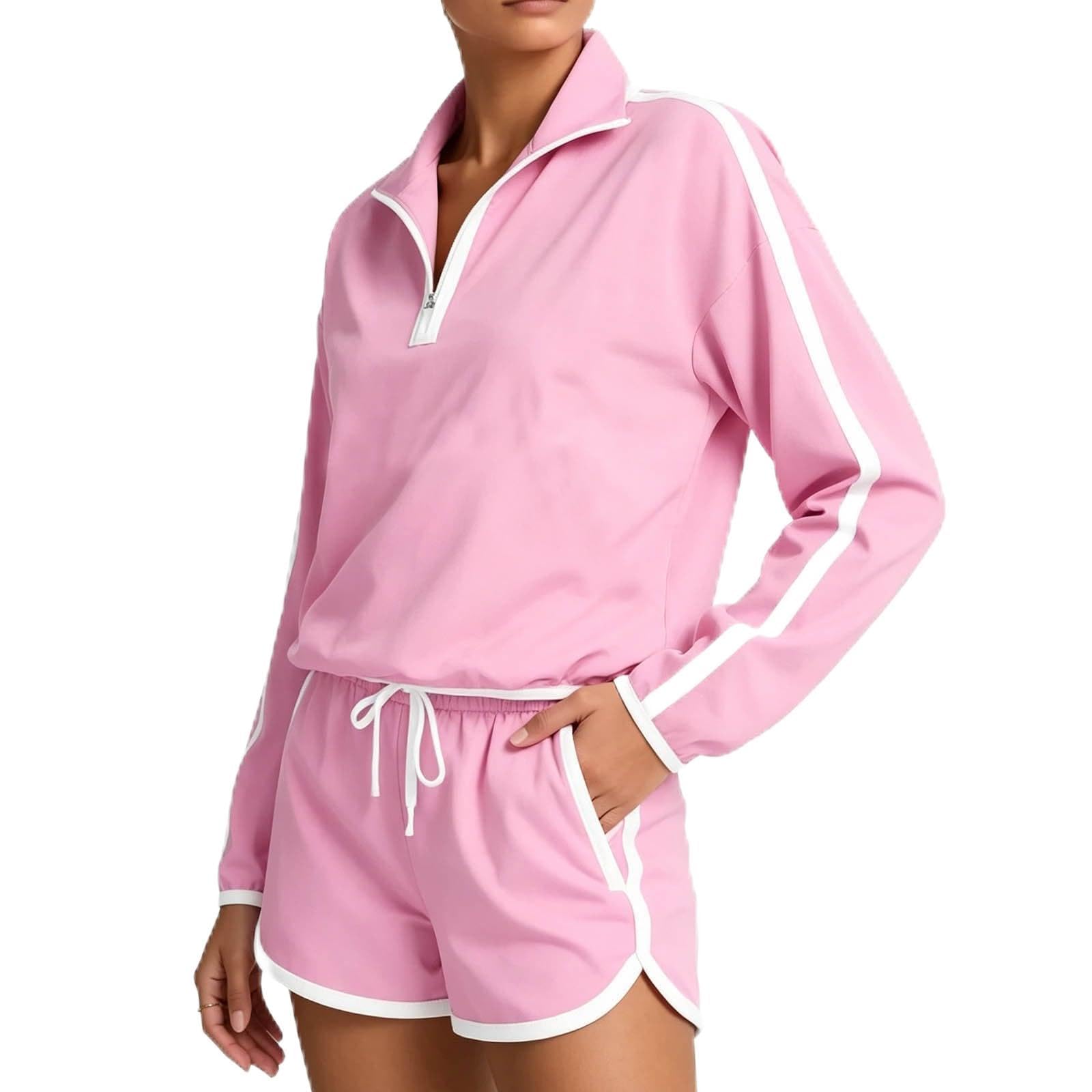 Zweiteiliges, lässiges Damen-Outfit mit langen Ärmeln, Reißverschluss, Rollkragen und Shorts