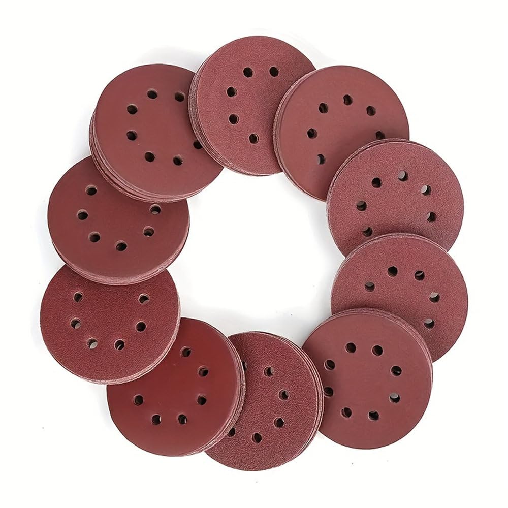 Juego de 100 Discos de Lija de 125 mm y 5 Pulgadas, con 8 Agujeros y Almohadillas de Lija con Velcro para Herramientas de Pulido, 125 mm