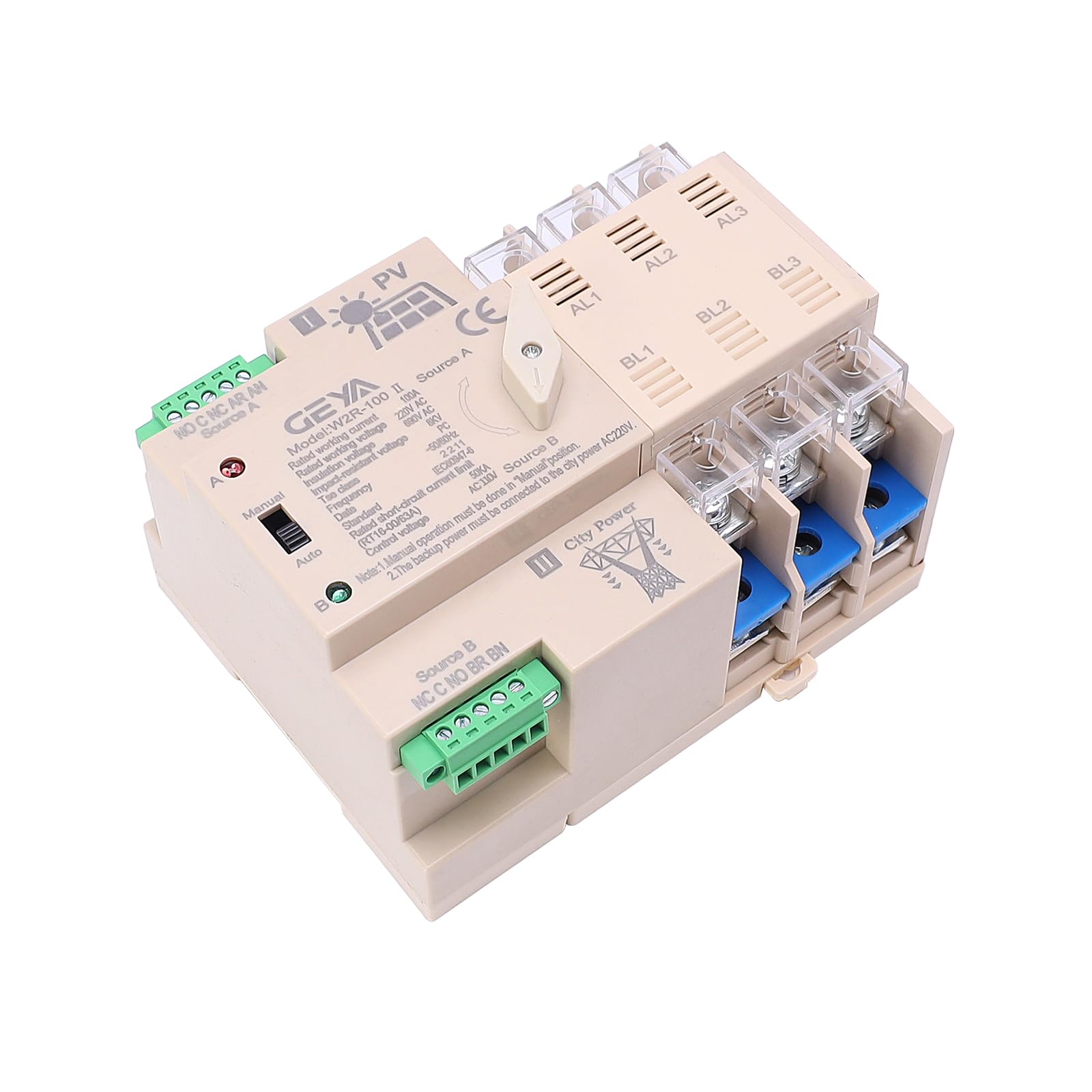 GEYA on-Grid Solar Power Automatic Transfer Switch Din Rail 3P 100A 110VAC ATS PV System Power to City Power (ATS-3P-100A-110V-SOLAR)