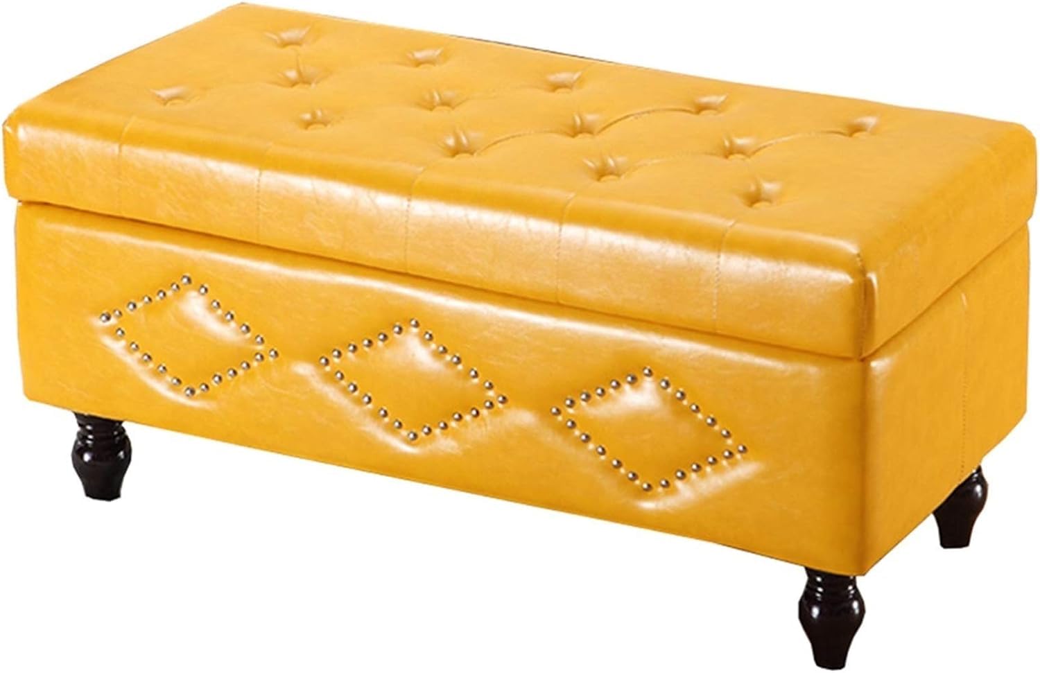 Coussin en PU et rivets vintage pour ce grand pouf de rangement haut de gamme en bois massif