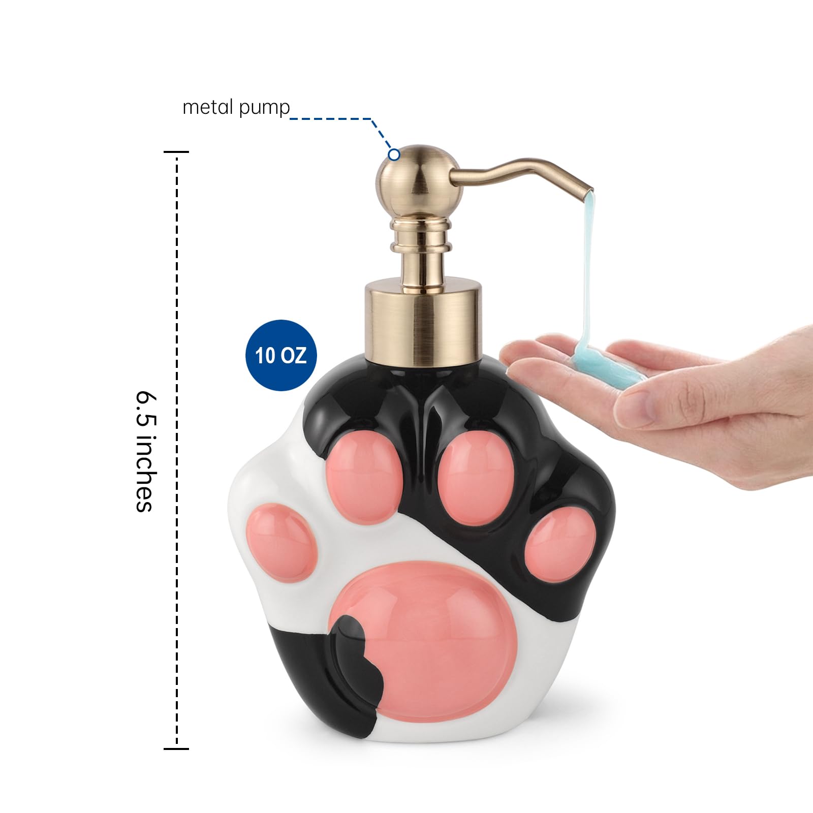 Distributeur de savon/lotion/désinfectant pour les mains en métal en forme de patte - Cadeau amusant - Rechargeable pour accessoires de cuisine et de salle de bain mignons (noir/blanc)
