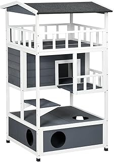 PawHut Wooden Outdoor Cat House, Feral Cat Shelter Kitten Tree with Asphalt Roof, Escape Doors, Condo, Jumping Platform, Grey