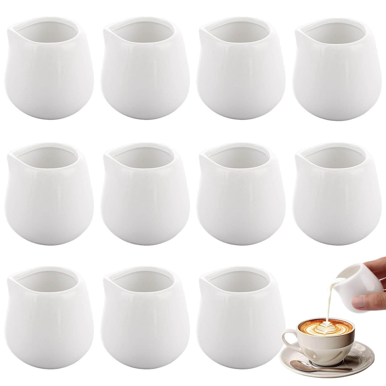 YAYODS 12Pcs Small Milk Jug, 110ml Ceramic Milk Jug, White Gravy Jug Sauce Pots, Sugar Pot, Mini Milk Pouring Jug for offee Milk Tea Sauces, Suitable for Home Kitchen Office Coffee Bar