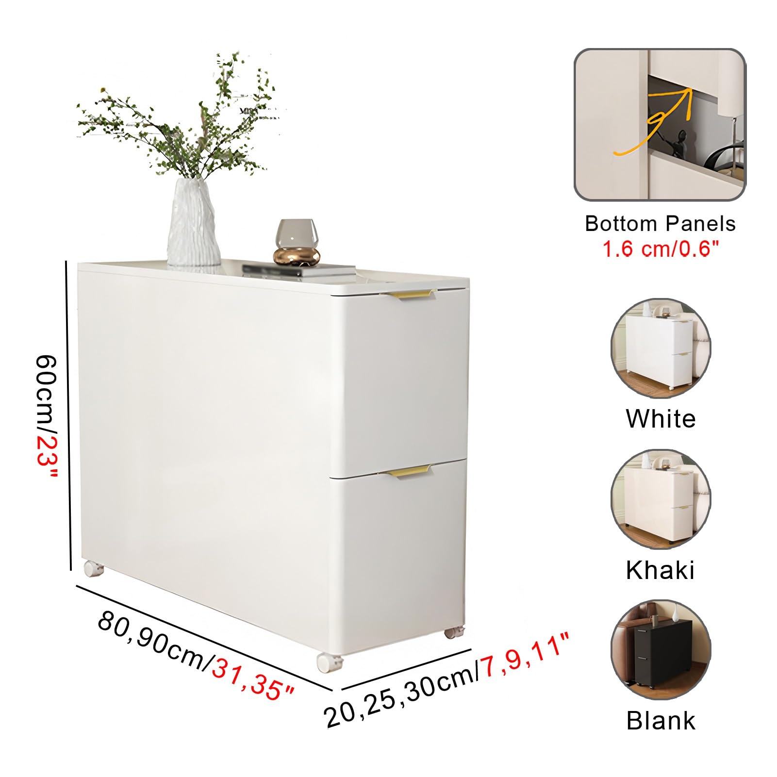 Mesita De Noche Estrecha De Madera Maciza con Ruedas Universales Y Cajones para Dormitorio, Sofá O Espacios Pequeños.(White,11x35x32)