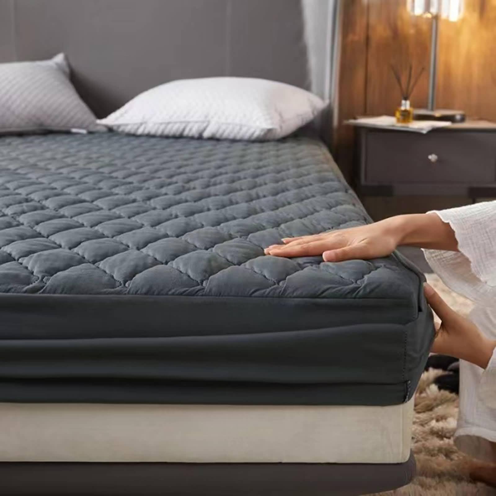 Lot de 2 draps-housses 90 x 190 cm - Rembourrés - À carreaux - Couleur unie - Confort de sommeil - En polyester et coton - Pour lit - Noir - Surmatelas