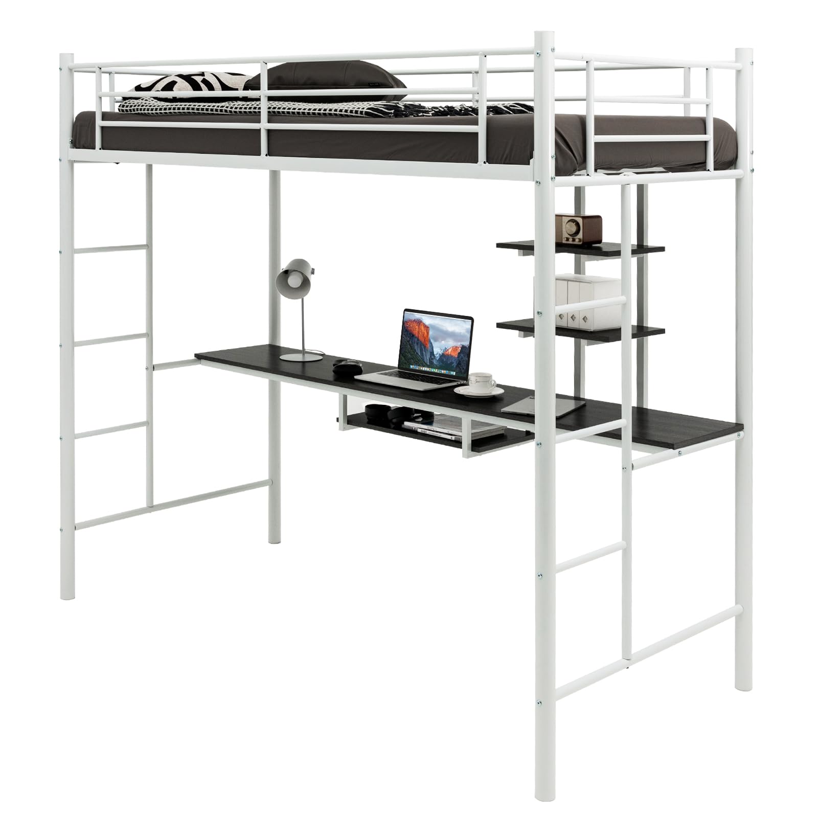 GIANTEX Letto a soppalco con scrivania, 200 x 95 x 180,5 cm, letto a castello con 2 scale e griglia di protezione per bambini, telaio per letto in metallo da 150 kg (bianco)
