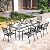 PHI VILLA 9 Pieces Outdoor Dining Set for 8, Rectangular Metal Table with Umbrella Hole & Stackable Wrought Iron Chairs, Large Dining Furniture for Patio, Deck, Yard, Porch