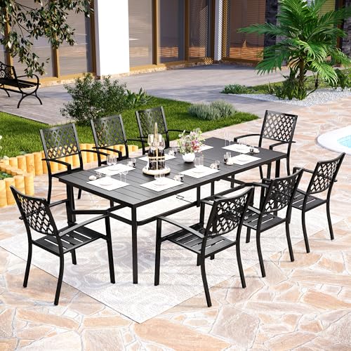 Image of PHI VILLA 9 Pcs Outdoor Dining Set for 8,83 inch Rectangular Metal Table, Black | Metal Table with Umbrella Hole & Stackable Black Wrought Iron Chairs, Large Outside Furniture for Patio, Deck, Yard, Porch